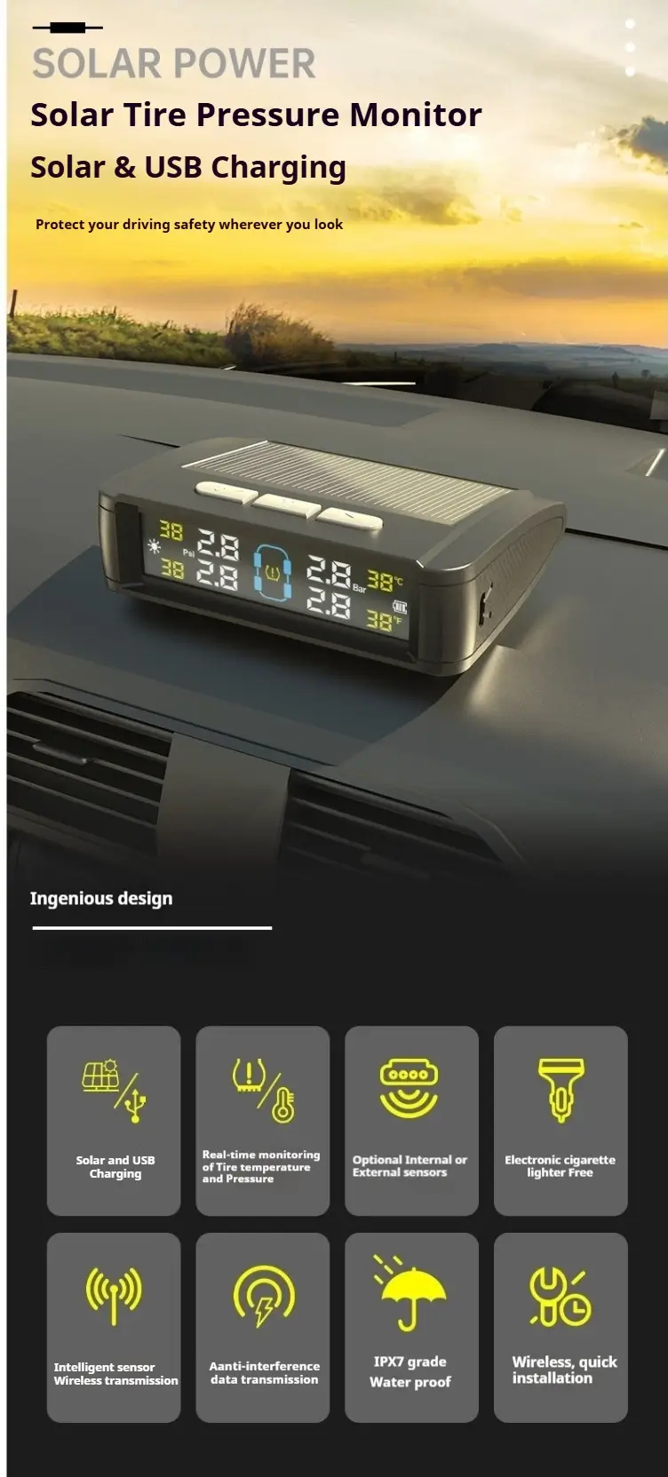 this picture is an introduction of solar powered tire pressure monitoring system, wireless TPMS for cars