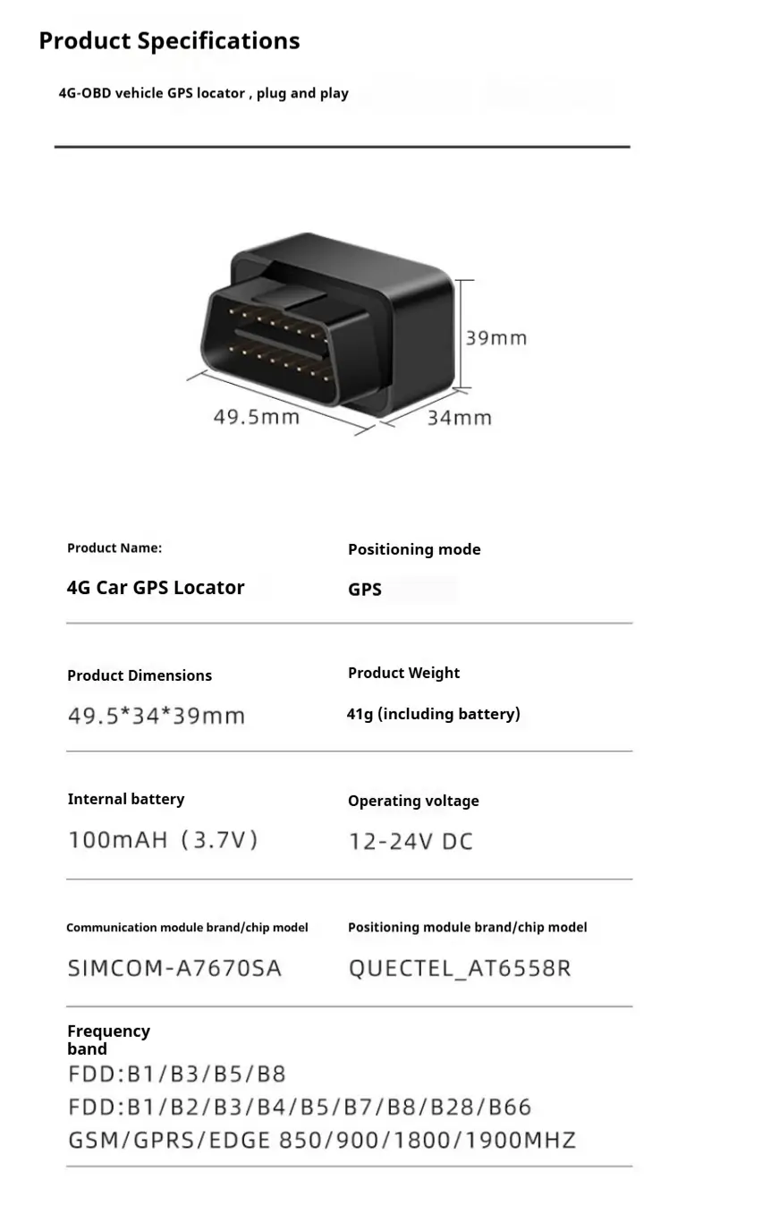 the picture displays the specification of vehicle obd gps tracker for Real-time vehicle tracking