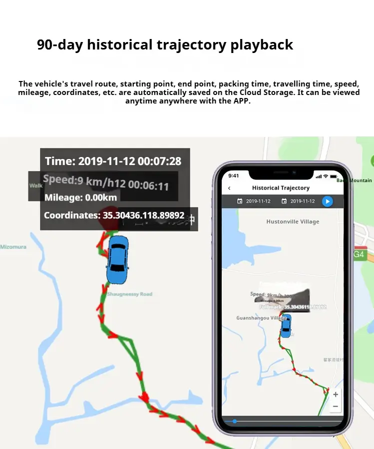 The fleet GPS tracking device supports 90-day historical trajectory playback 